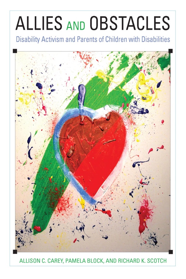Cover of Allies and Obstacles: a painted red heart outlined in blue over a sweep of green, splattered with red, blue, and yellow paint